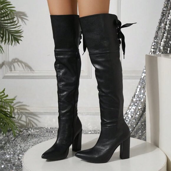 Shoes - Women's Black Chunky Heel Over-the-knee Boots